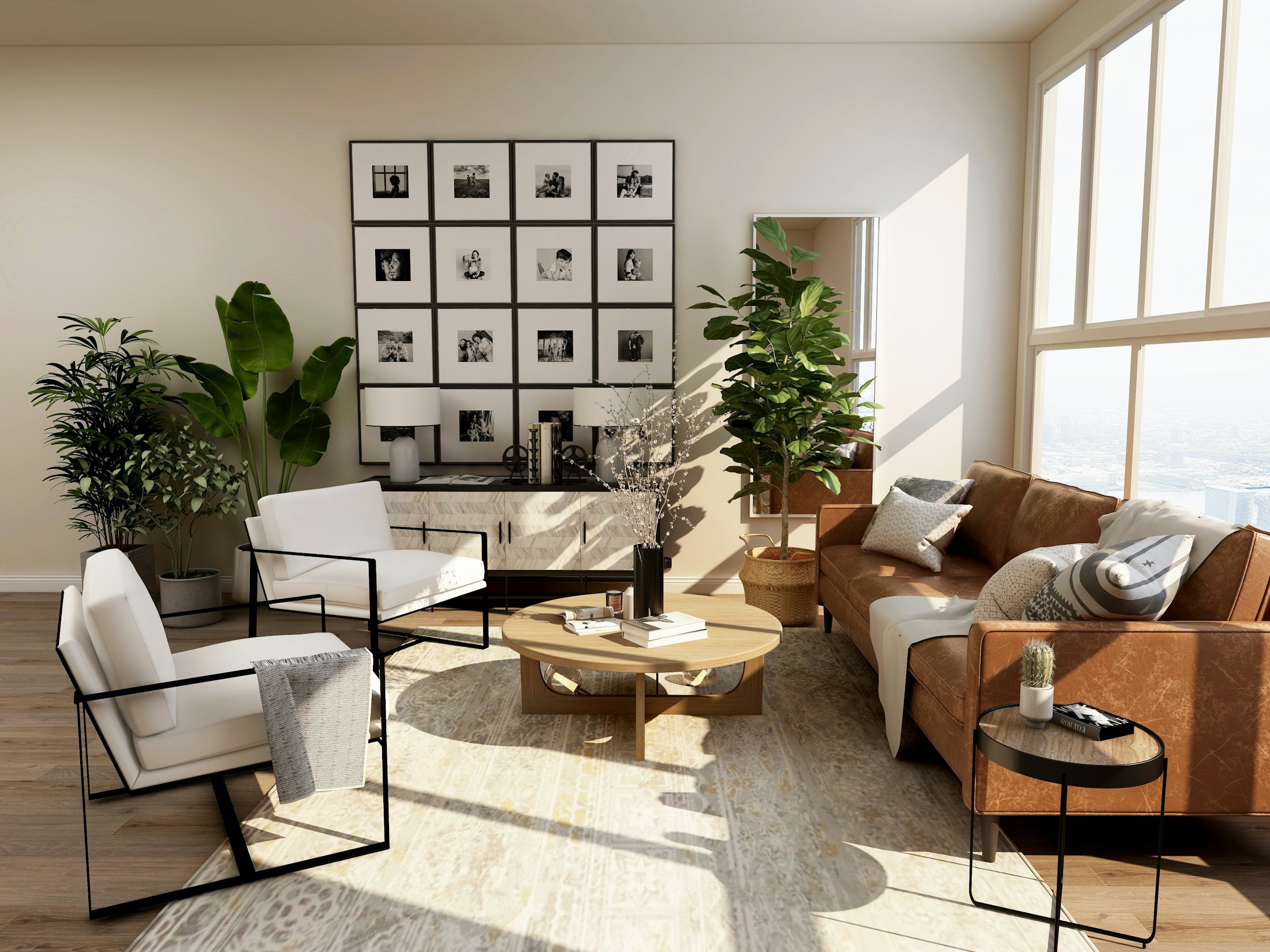 Sunlit living room with a leather sofa, framed gallery wall and indoor plants